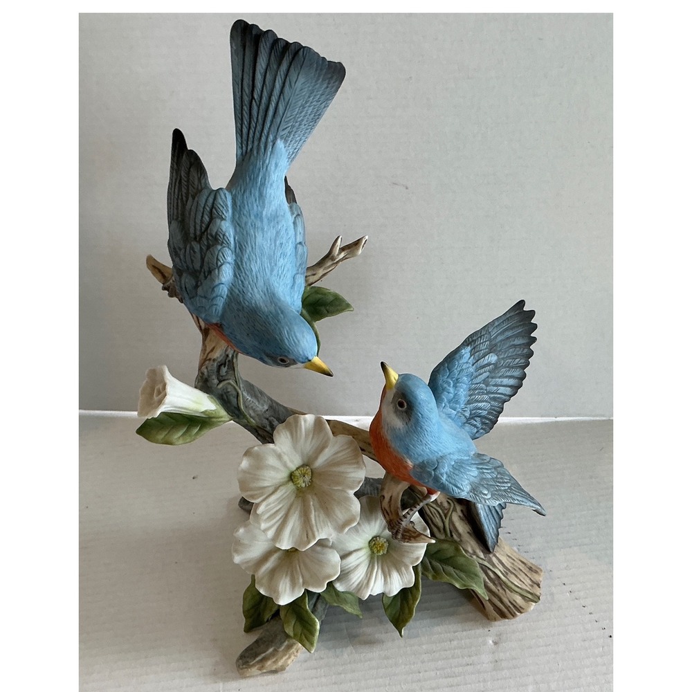 Homco Vintage 1991 Bluebirds Springtime Song Porcelain Figurine Bird Decor 8"